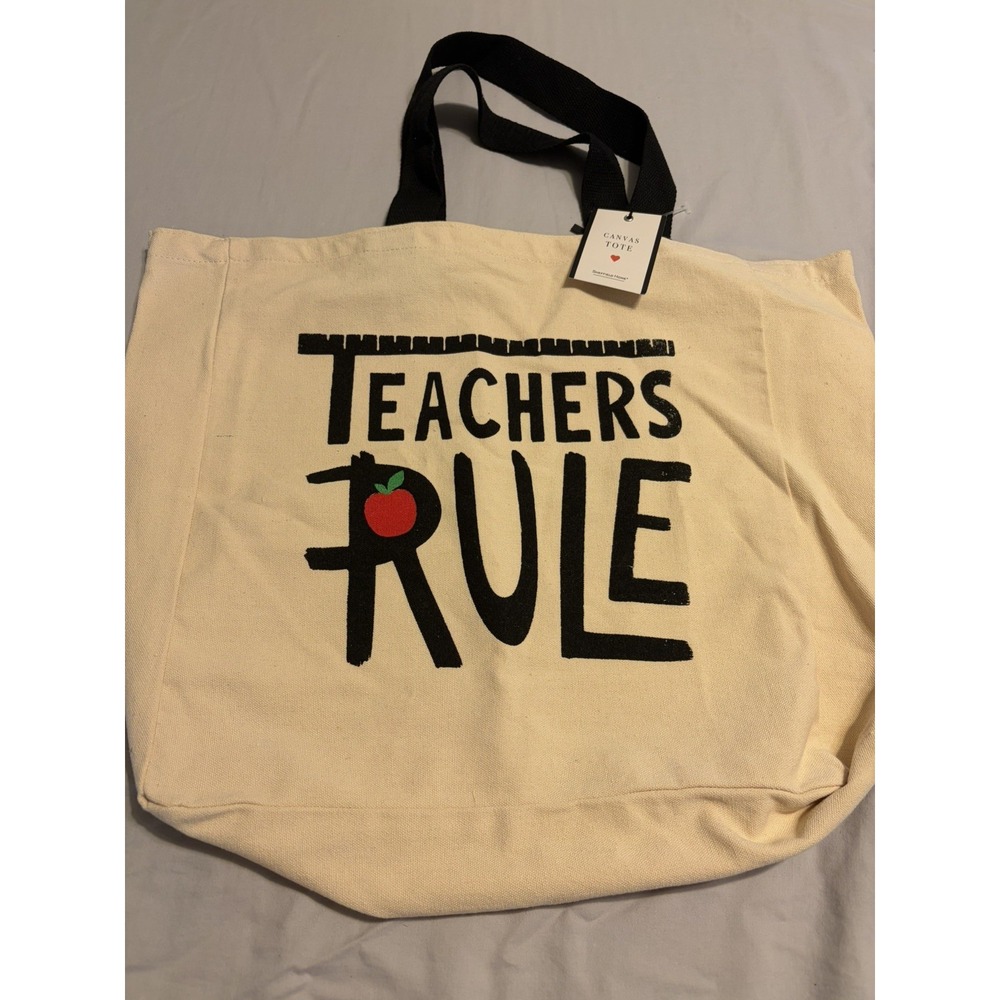 Teacher's Rule Tan Canvas Tote Bag with Black Straps appreciation craft math Y2K